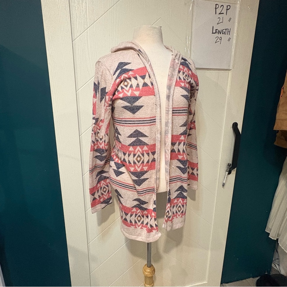 Cremieux Geometric Southwest Tribal‎ Print Hooded Cardigan Open Front Sweater